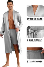 ZUEVI Men's Kimono Robe Set Silk Satin Long Sleeve Bathrobe with Shorts 2 PCS Sleepwear Pjs Sets