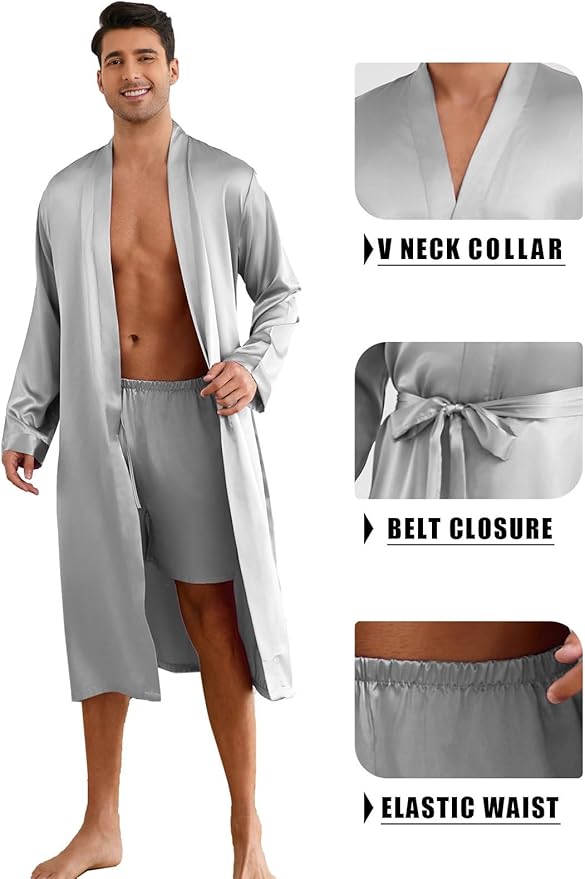 ZUEVI Men's Kimono Robe Set Silk Satin Long Sleeve Bathrobe with Shorts 2 PCS Sleepwear Pjs Sets