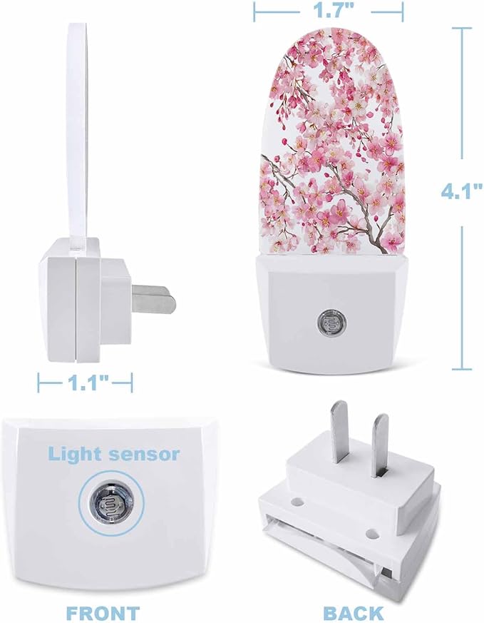 Spring Pink Blossom Peach Night Light Plug into Wall, Watercolor Flower Tree Branch Popsicle Shape Night Light Nightlight with Light Sensors for Kids Bedroom Hallway