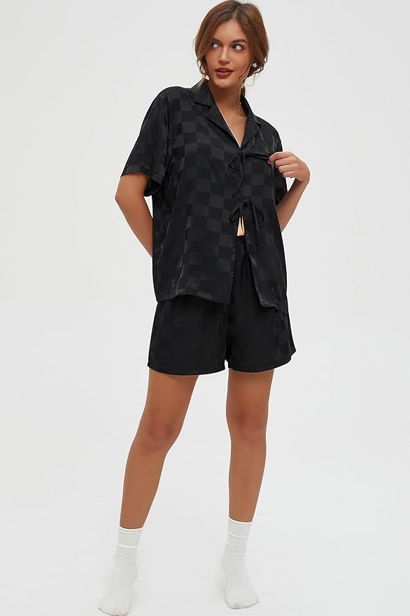 CHYRII Women's Silk Satin Pajamas Sets Tie Front Short Sleeve Tops and Shorts Two Piece Pj Sets Sleepwear