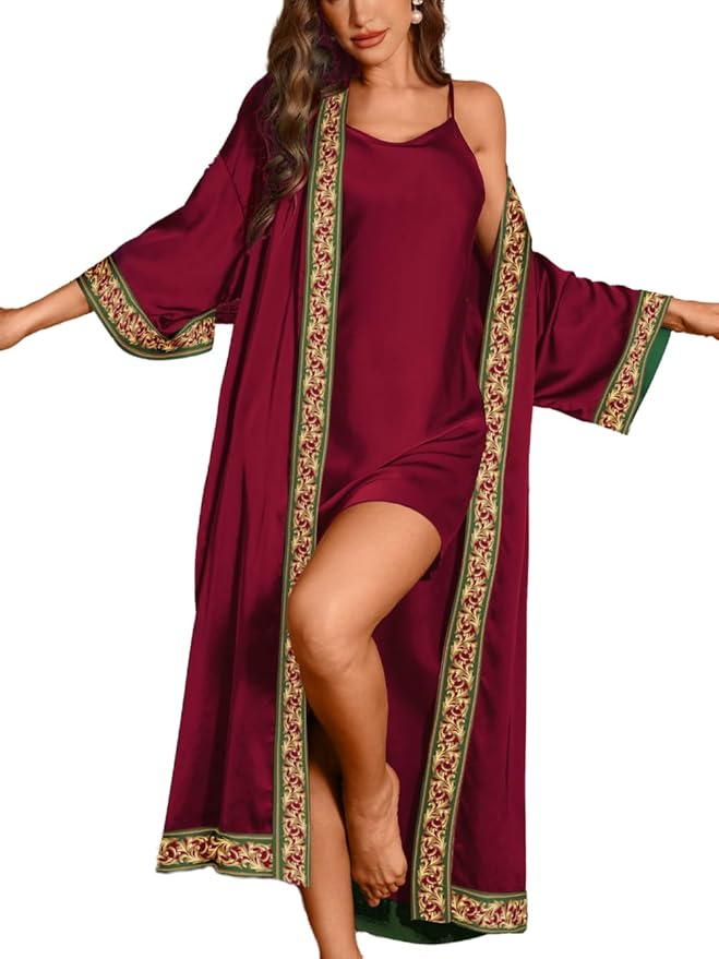 ChiaoLezhee Satin Robe Sets For Women, 2-PC Lightweight Bathrobe, Silk Sleepwear Kimono Bridesmaid Sexy Robes