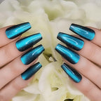 Hypnaughty 24 Pcs Ocean Cat Eye Effect Blue Glossy And Sparkly Coffin Long Press On Nails With Nail Kit And Glue (Ocean Cat Eye)