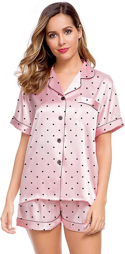 LecGee Womens Silk Satin Pajamas Short Sleeve Loungewear Two-Piece Sleepwear Button-Down Pj Set