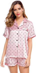 LecGee Womens Silk Satin Pajamas Short Sleeve Loungewear Two-Piece Sleepwear Button-Down Pj Set