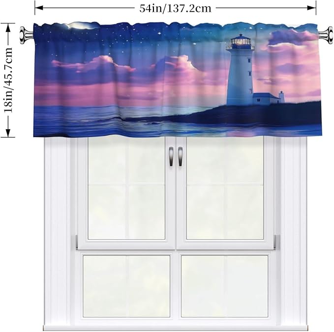 Moonlit Lighthouse Under Starry Night Sky Curtain Valance Peach Skin Velvet Printed Window Valance with Rod Pocket Light Filtering for Kitchen Bathroom 54x18in