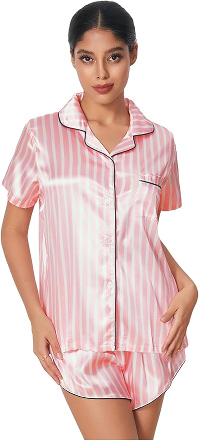 WDIRARA Women's Sleepwear Satin Short Sleeve Shirt and Shorts Pajama Set