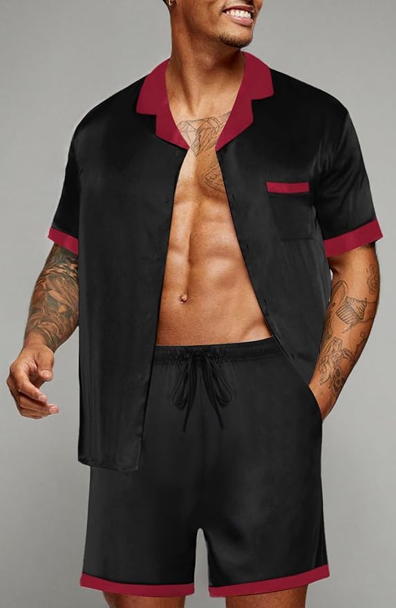 Ekouaer Men Satin Silk Pajamas Set with Pockets Sleepwear Shorts Satin Summer Loungewear 2 Piece Button Down Set S-3XL