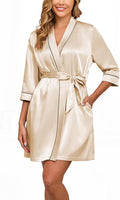 Veseacky Women's Satin Robe Knee Length V Neck Lightweight Silky Bathrobe Casual Loungewear Sleepwear with Waist Tie