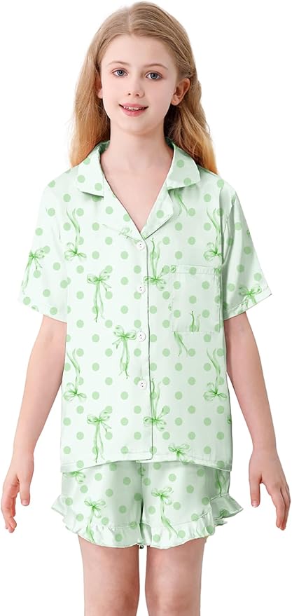 Umeyda Girls & Women Satin Pajamas Set Button Down 2 Piece Silk Pjs Shorts Set Ruffle Sleepwear, 5 Years-Women L