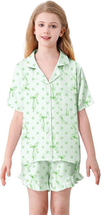 Umeyda Girls & Women Satin Pajamas Set Button Down 2 Piece Silk Pjs Shorts Set Ruffle Sleepwear, 5 Years-Women L