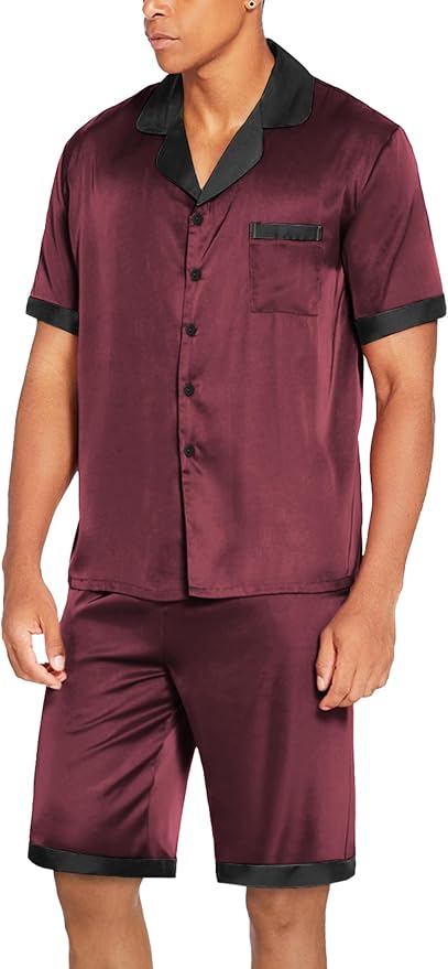Ekouaer Men Satin Silk Pajamas Set with Pockets Sleepwear Shorts Satin Summer Loungewear 2 Piece Button Down Set S-3XL