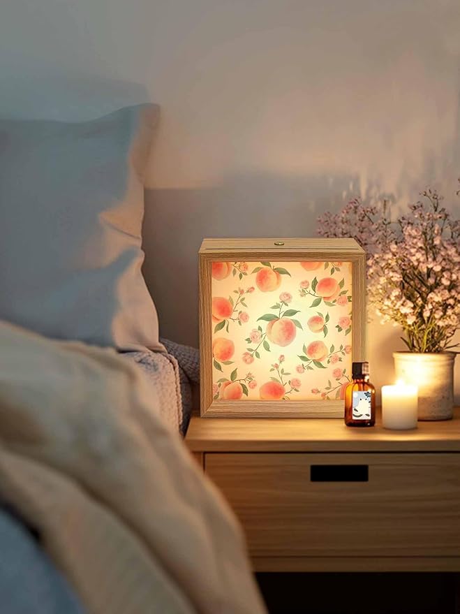 Wood Night Light Box 6.5x6.5in,Summer Fruit Pink Honey Peach Table Lights Wooden Picture Frame with USB Rechargeable Touch LED Lights for Home Decor Desktop Display,Watercolor Plants