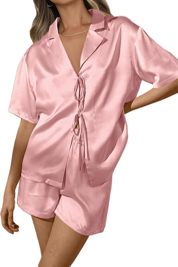 CHYRII Women's Silk Satin Pajamas Sets Tie Front Short Sleeve Tops and Shorts Two Piece Pj Sets Sleepwear