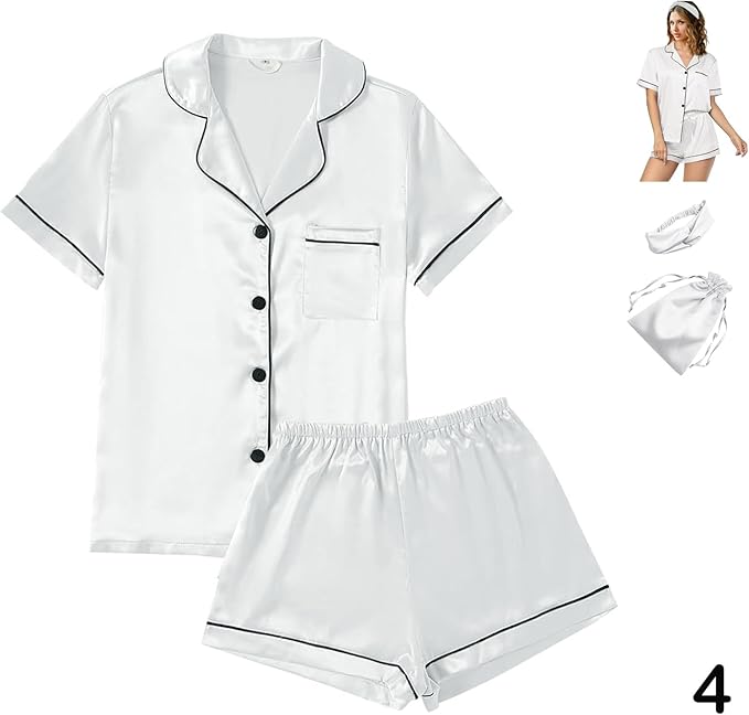 WJing Yi Jia 4Pcs Womens Satin Silky Pajama Sets Short Sleeve Shirt XS-4XL Floral Pajamas Set Soft PJ Loungewear Sleepwear