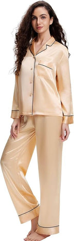 Lonxu Silk Satin Womens Pajama Sets Button Down Sleepwear Loungewear XS~3XL