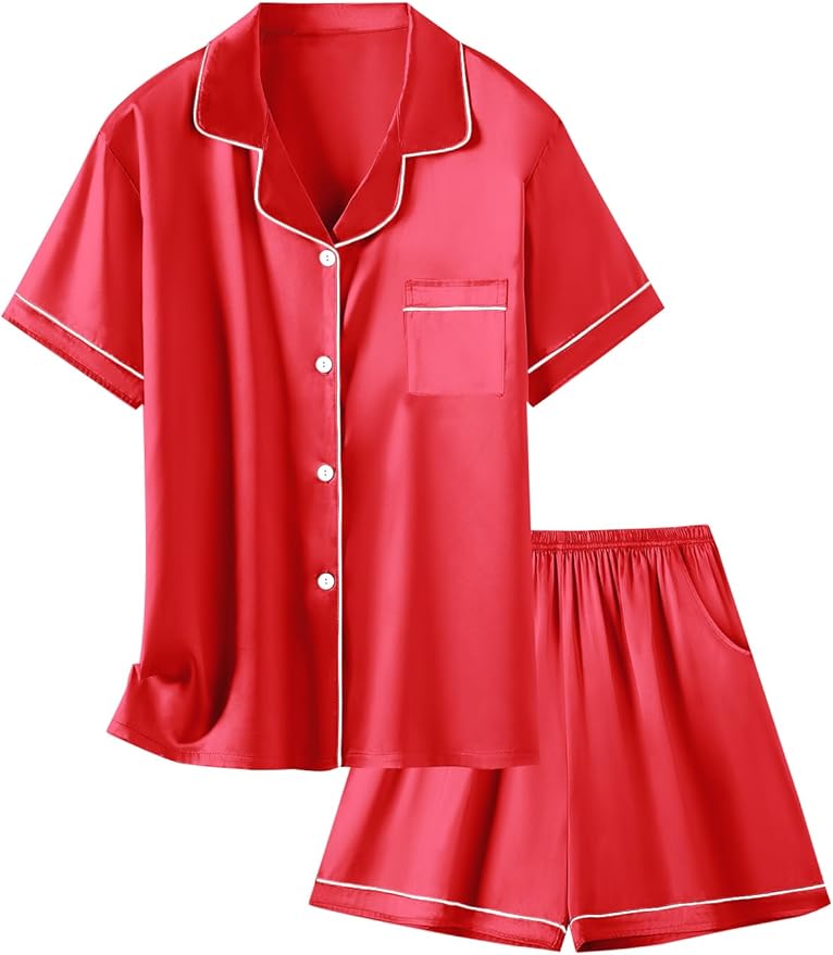 Girls & Womens Satin Pajamas Set, Silk Button-Down Sleepwear 2 Piece Nightwear, 3 Years - Women XXL