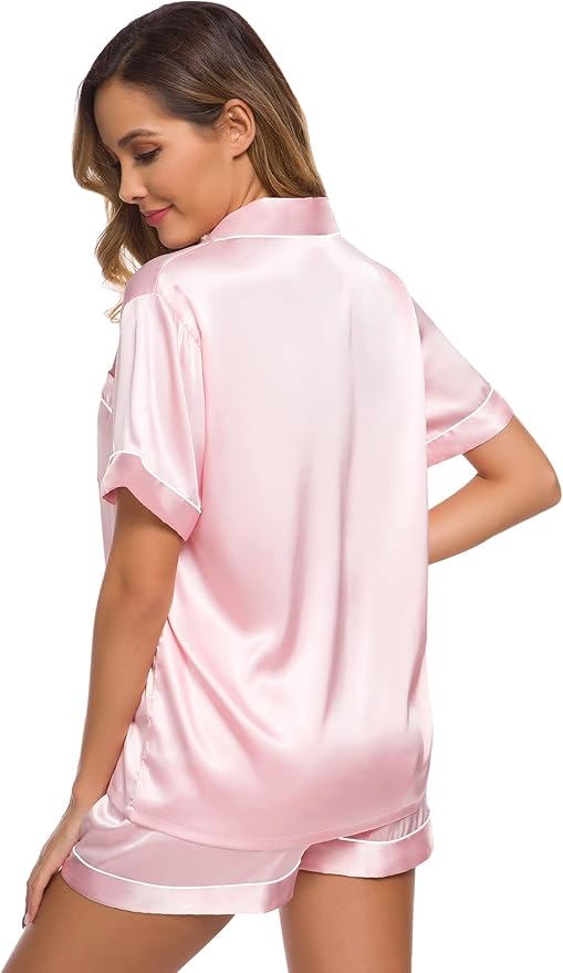 SWOMOG Womens Silk Satin Pajamas Set Short Sleeve Sleepwear Button Down Top and Shorts Loungewear 2 Piece Pjs Set XS-3XL