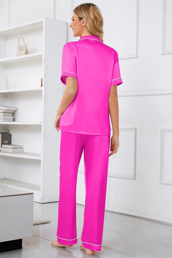Umeyda Girls Womens Pajamas Set, Satin Silky Button Down Loungewear 2 Piece Short Sleeve Pants PJS Sets for Mommy Kids