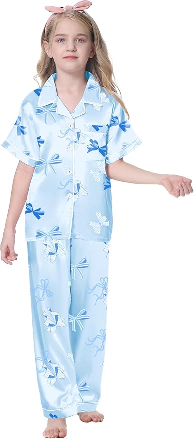 Umeyda Girls Womens Pajamas Set, Satin Silky Button Down Loungewear 2 Piece Short Sleeve Pants PJS Sets for Mommy Kids