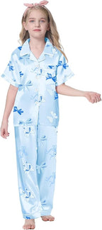 Umeyda Girls Womens Pajamas Set, Satin Silky Button Down Loungewear 2 Piece Short Sleeve Pants PJS Sets for Mommy Kids