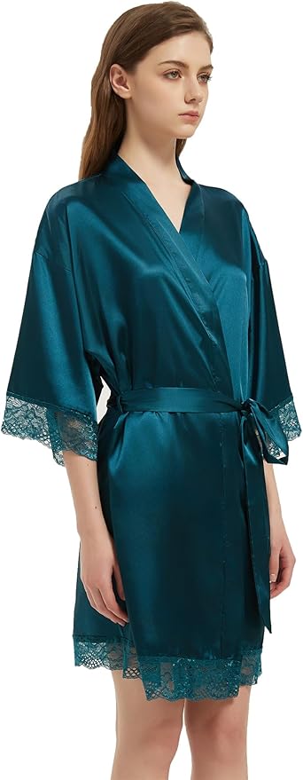 Kihnop Women's Satin Robe Silk Robe Lace Bridal Robes for Bride Bridesmaid Robes Silky Bathrobe Getting Ready Sleepwear