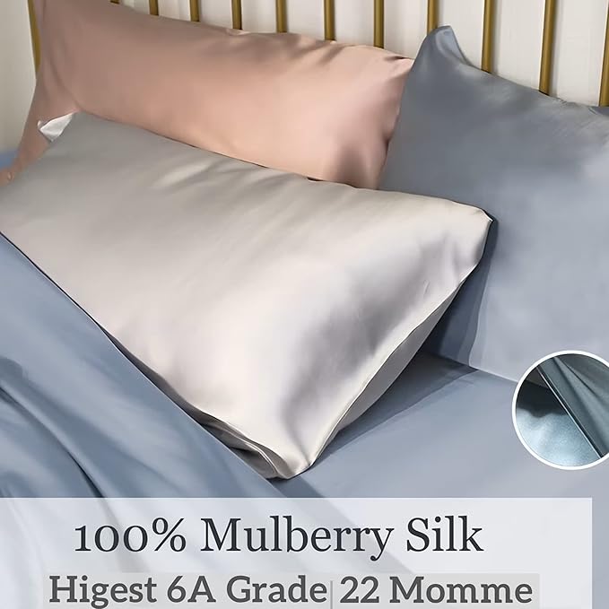 Anti Acne Pillow Cases Hypoallergenic, USA Made, King Size Silk Pillowcase for Hair and Skin, Premium 22 Momme Pure Mulberry Silk Pillow Cover, 1 Pc 20"x36" (King, Blue Grey)