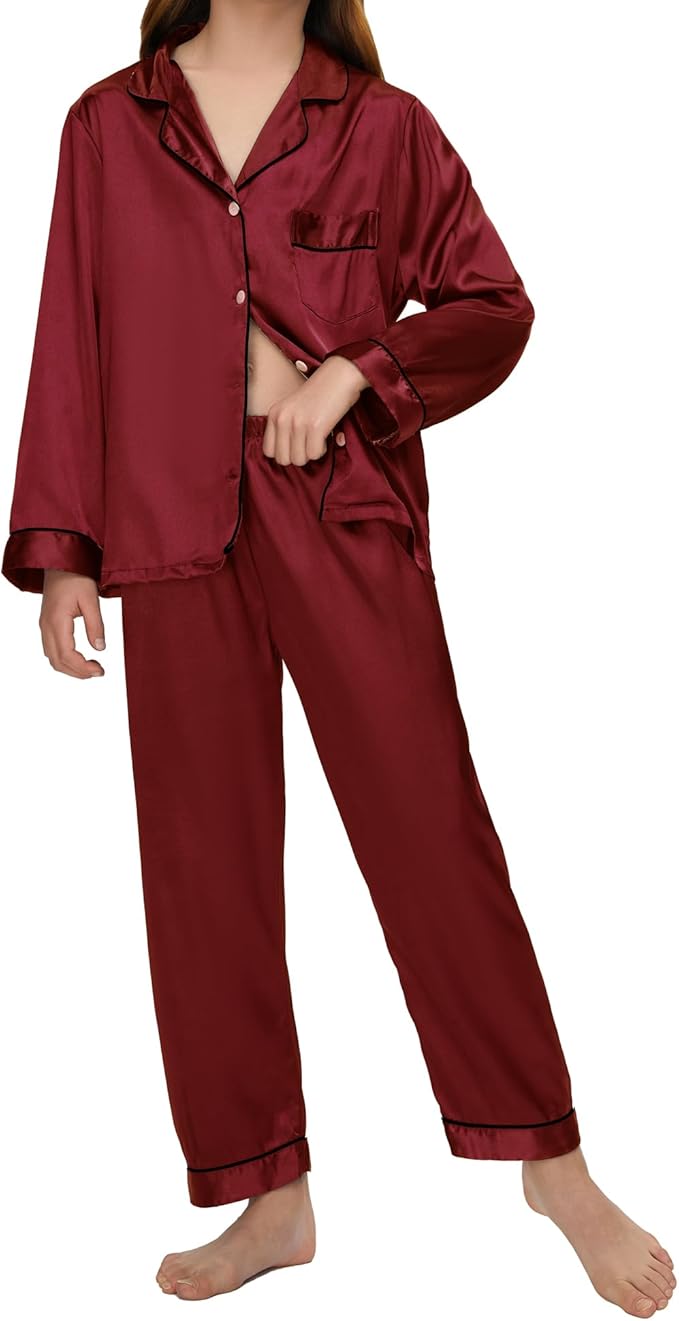 EPLAZA Kids Satin Pajamas Sets Girls Boys Button-Down Silky Pajamas Sleepwear with Hairband Eye Mask Hair Tie