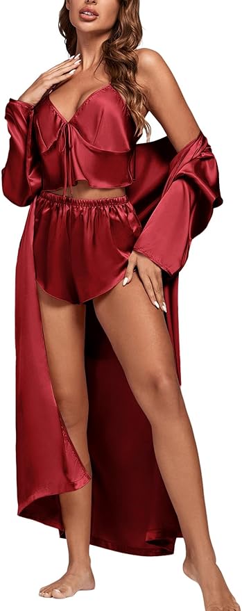 OPOIPIN Women's 3 Piece Pajama Set Sexy Cami Top and Shorts with Robe Sleepwear Loungewear Set