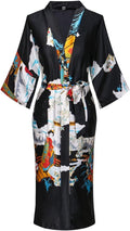Valennia Women Long Silky Bathrobe Satin Kimono Robe Floral Printed Dressing Gown Sleepwear