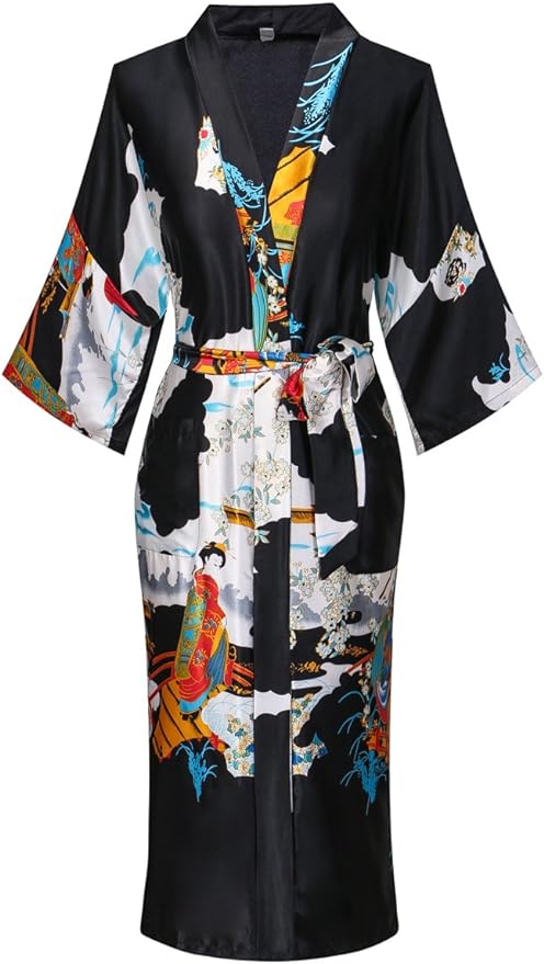 Valennia Women Long Silky Bathrobe Satin Kimono Robe Floral Printed Dressing Gown Sleepwear