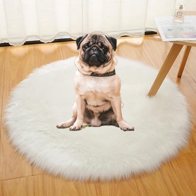 Faux Fur Round Area Rug Soft Fuzzy Carpet Fluffy Plush Mat Home Floor Decoration for Bedroom Living Room Bedside White 51.1inch