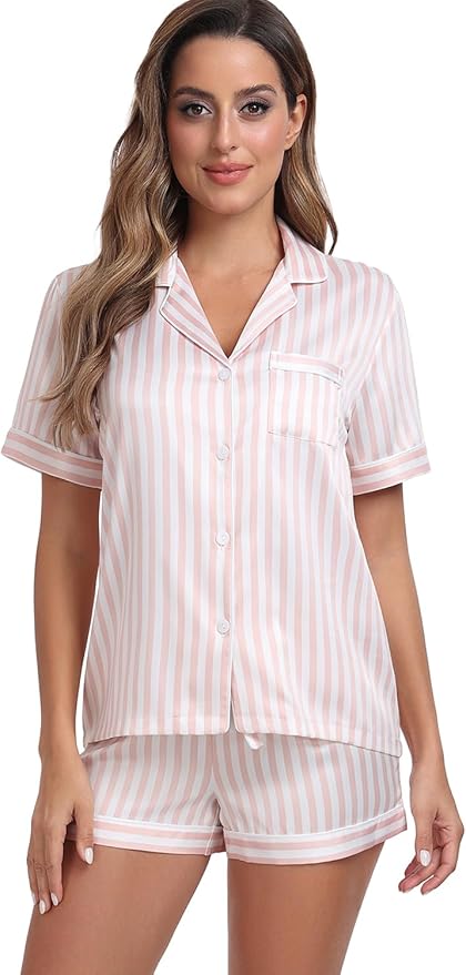 Serenedelicacy Women's Satin Pajama Set 2-Piece Sleepwear Loungewear Button Down Short Sleeve Silky PJ Set