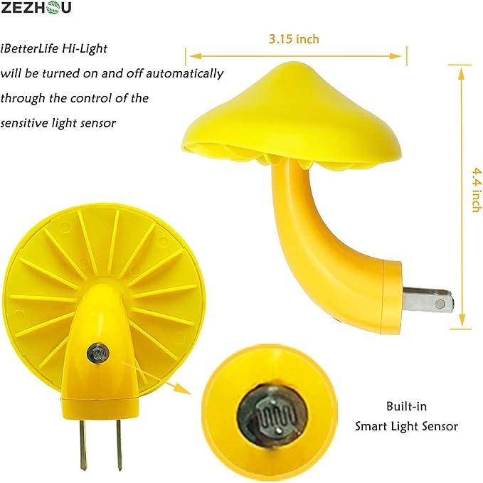 Sensor LED Mushroom Night Light - Plug-in Wall Energy Saving Dream Bed Room Nightlight for Kids Adults Cute Mushroom Lamp Cottagecore Decor for Bedroom, Bathroom, Stairs, Hallway Corridor, Warm Yellow