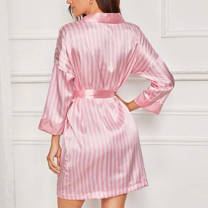Womens Satin Stripe Robe Cozy Silk Bathrobe for Wedding Party Loungewear, Bride Bridesmaids Short Robes Nightgowns