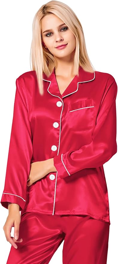 SWOMOG Womens Silk Satin Pajamas Set Long Sleeve Button Down Sleepwear 2 Piece Lounge Set Pj Set XS-3XL