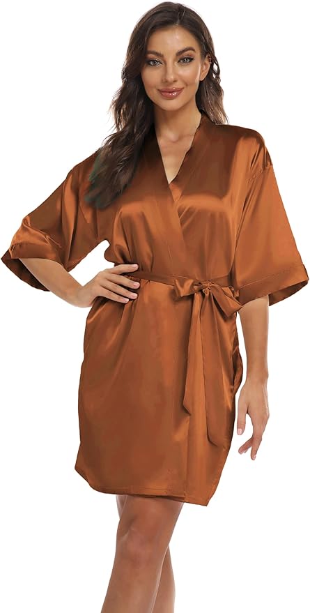 Women's Pure Short Kimono Robes Bride Bridesmaids Silky Bathrobe Lightweight Satin Sleepwear