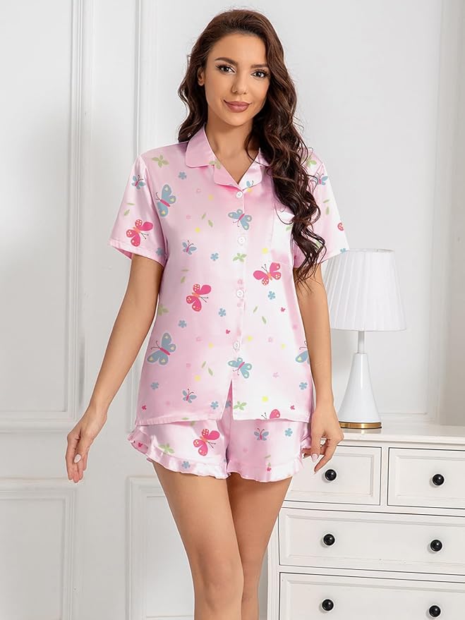 Umeyda Girls & Women Satin Pajamas Set Button Down 2 Piece Silk Pjs Shorts Set Ruffle Sleepwear, 5 Years-Women L