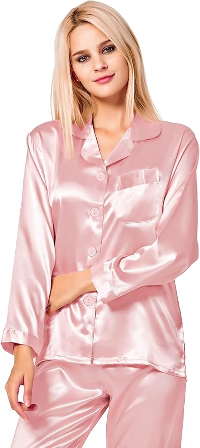 SWOMOG Long Sleeve Pajamas Set Silk Satin Sleepwear Button Down Pjs Loungewear with Pocket