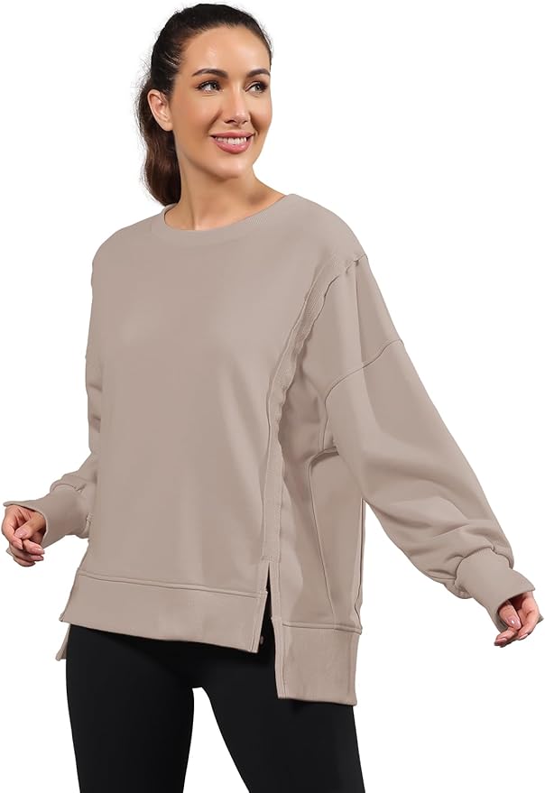 Nirovien Womens Oversized Crewneck Sweatshirt Side Slit Long Sleeve Pullover Slouchy Fit Tops