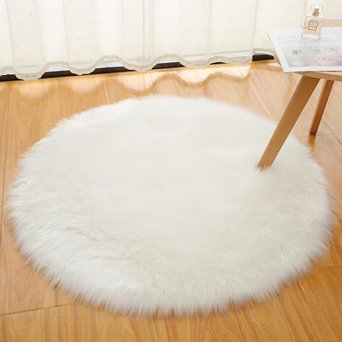 Faux Fur Round Area Rug Soft Fuzzy Carpet Fluffy Plush Mat Home Floor Decoration for Bedroom Living Room Bedside White 27.5inch