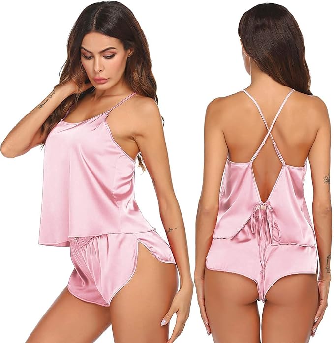 Ekouaer Silk Pajamas Set for Women Satin Backless Lingerie Pjs Cami Top and Shorts Nightwear