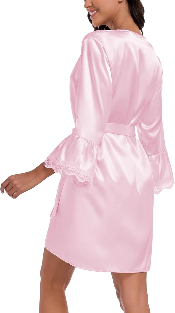 Lace Trim Satin Robes for Women Bride Bridesmaid Silky Kimono Robe Valentines Lingerie with Bell Sleeves