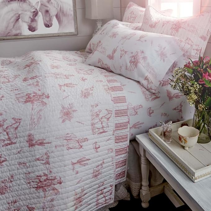 Rod's True Western Dusty Rose Cowgirl Twin Quilt, Vintage Western Toile Bedding, Pink and White, Reversible Cotton Quilt, 68x86 Inch