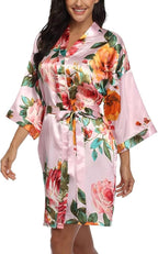 Floral Silk Robes for Women Kimono Satin Short Bath Robe Bridal Dressing Gown Bride Bridesmaids Lightweight Bathrobes