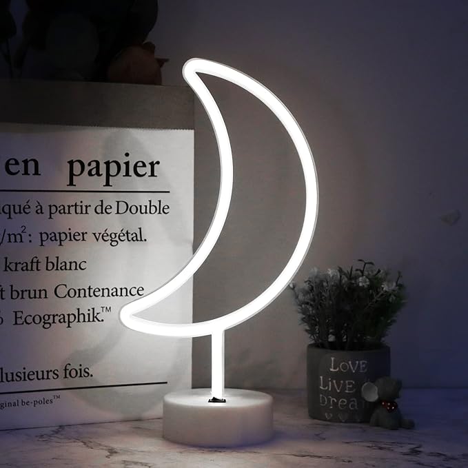 Neon Moon Lights - LED Moon Decor Neon Signs Art Decorations Crescent Night Lights Lamp for Party Supplies, Children Kids Girls Gift - Moon with Holder Base (White)