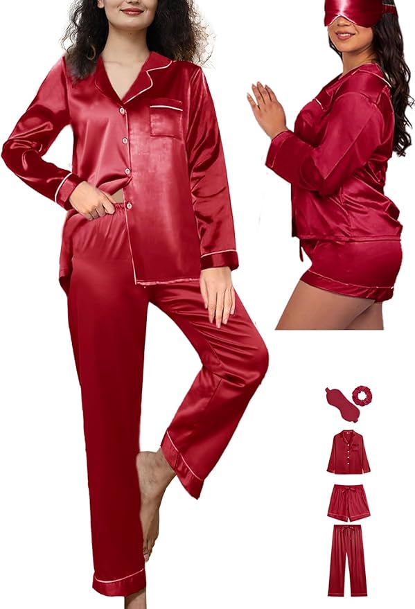 WJing Yi Jia 5Pcs XS-XXL Womens Silk Satin Pajamas Sets Long Pj Sets Button Down Pjs Set Loungewear Sleepwear