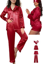WJing Yi Jia 5Pcs XS-XXL Womens Silk Satin Pajamas Sets Long Pj Sets Button Down Pjs Set Loungewear Sleepwear