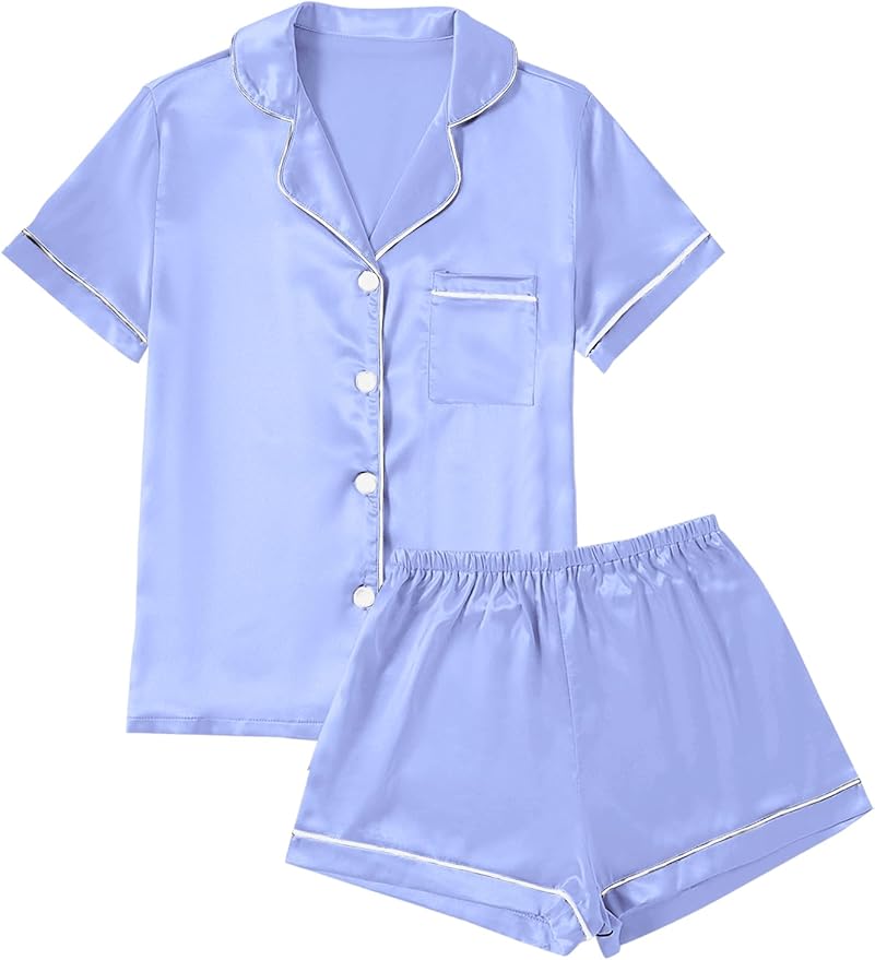 LYANER Women's Silky Satin Pajamas Set Short Sleeve Button Down Shirt With Shorts Pjs Set Sleepwear