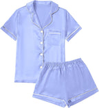 LYANER Women's Silky Satin Pajamas Set Short Sleeve Button Down Shirt With Shorts Pjs Set Sleepwear