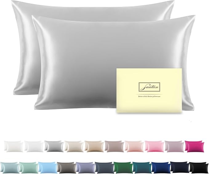 Silk Pillow Cases 2 Pack,Soft Breathable and Sliky Standard Size Pillow Cases Set of 2,Natural Mulberry Silk Pillowcase Set of 2 for Hair and Skin with Hidden Zipper (Silver Grey,20"X 26",2pcs)